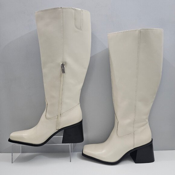 Vince Camuto Sangeti Knee High Boots Women 9 WIDE Ivory Cream Leather Block Heel - Picture 2 of 15